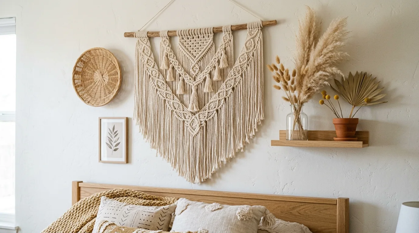Use wall hangings to add softness and personality inspiration for a boho bedroom.